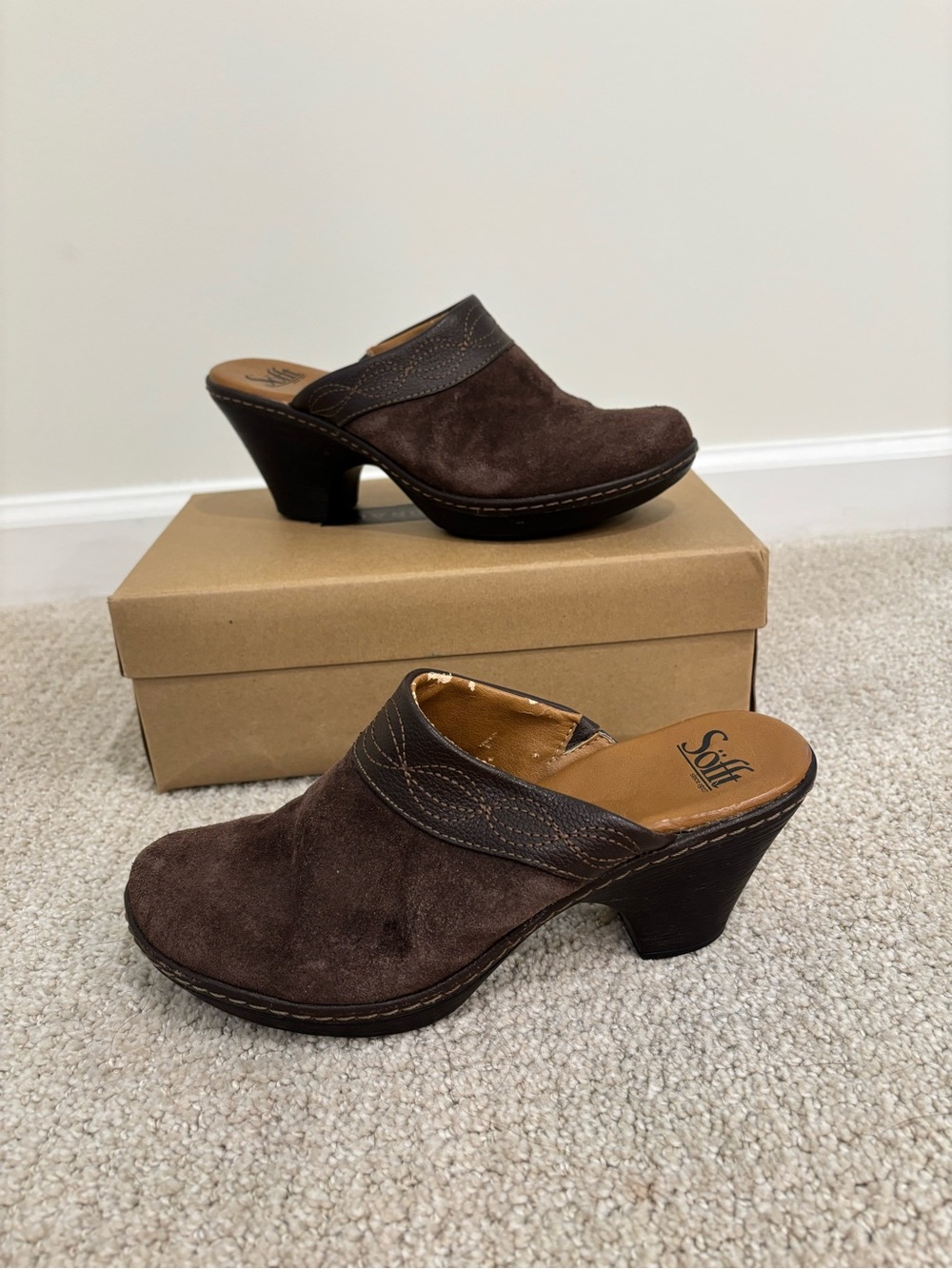 Sofft Brown Suede Slip-On Clogs with Leather Trim